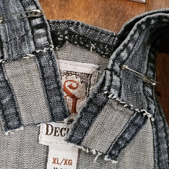 Womens Juniors XL Sexy‎ Scarecrow Denim Dress Overalls Jumper Bibs Patches - Picture 8 of 11